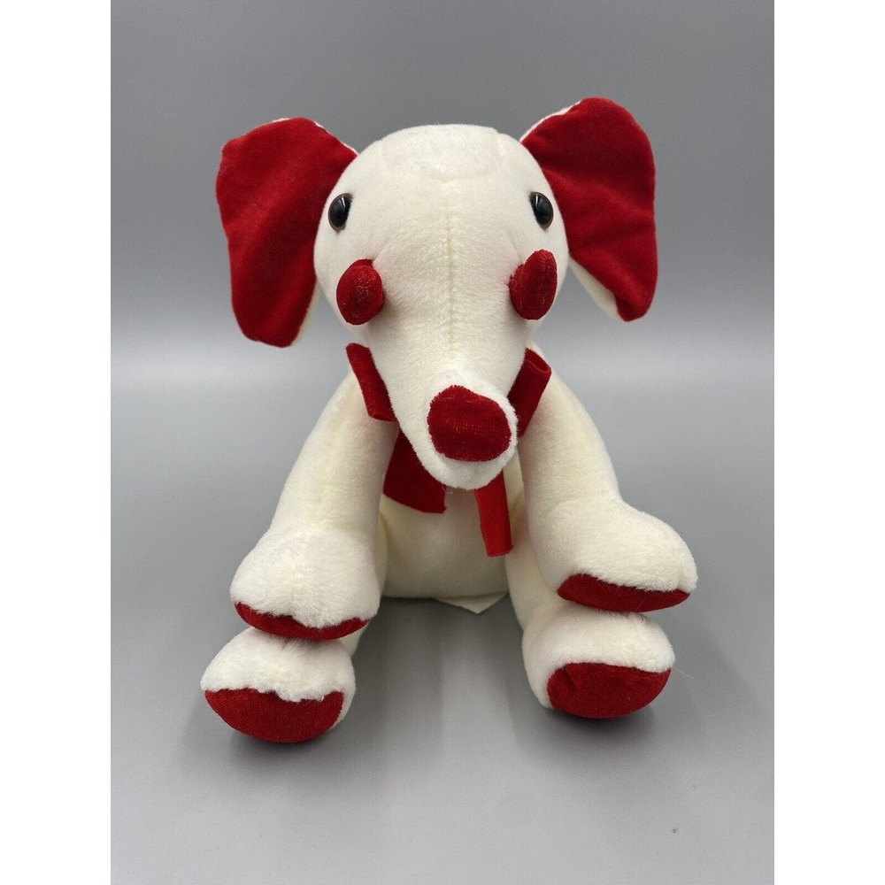 Walmart 6” Cream Colored Plush Stuffed Elephant W/ Red Velvet Type Bow & Ears